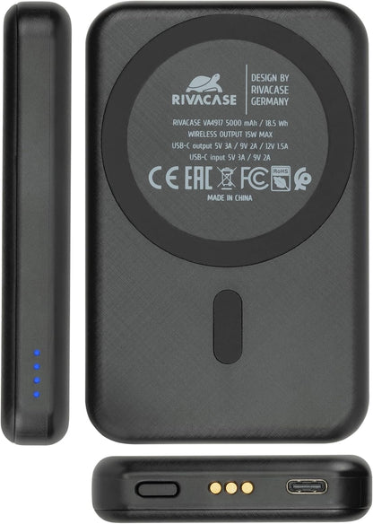 RIVACASE VA4917 Caricabatterie Wireless Qi 15W con batteria esterna con funzione di ricarica rapida QC/PD 5000 mAh, power bank rimovibile integrato