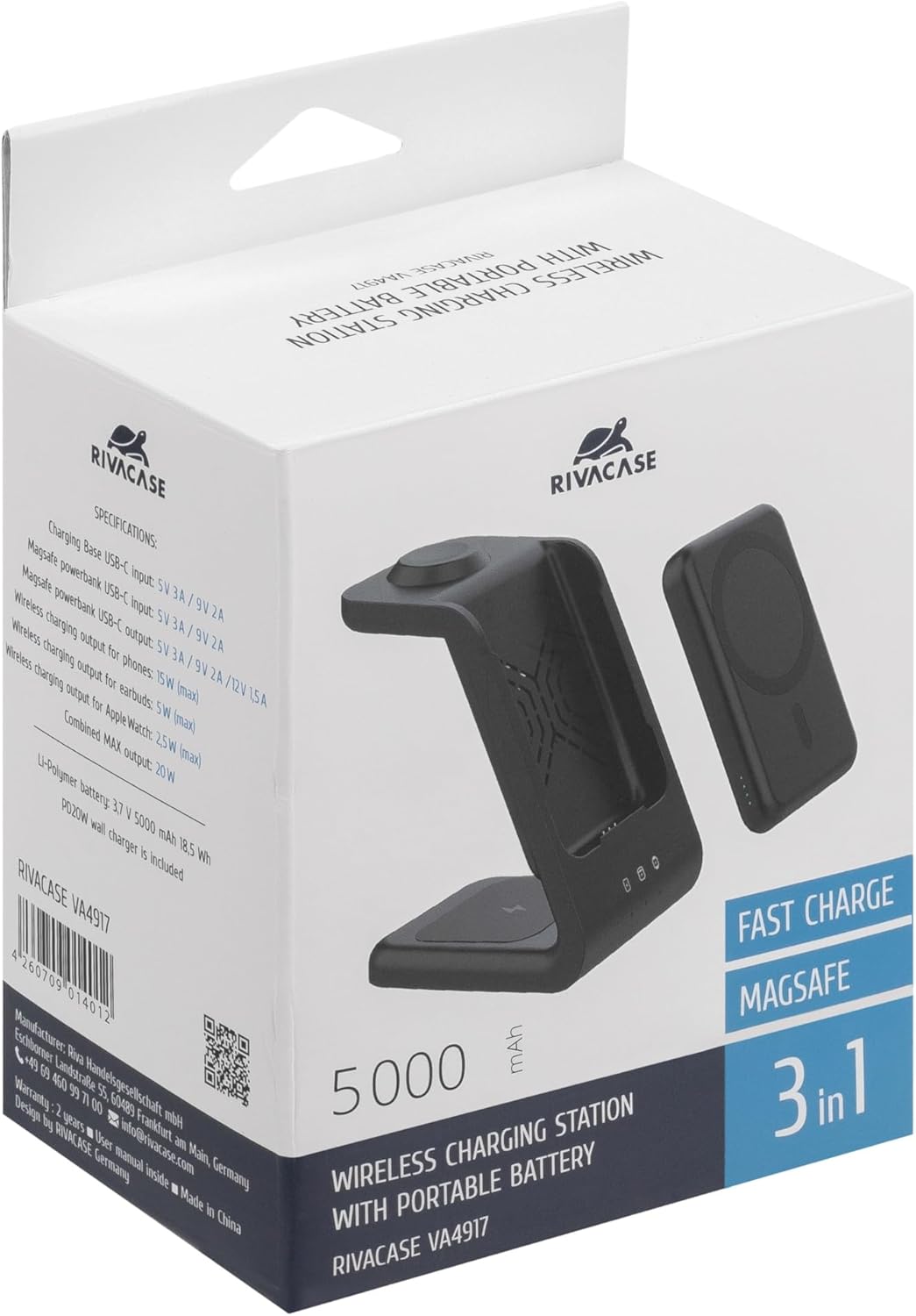 RIVACASE VA4917 Caricabatterie Wireless Qi 15W con batteria esterna con funzione di ricarica rapida QC/PD 5000 mAh, power bank rimovibile integrato