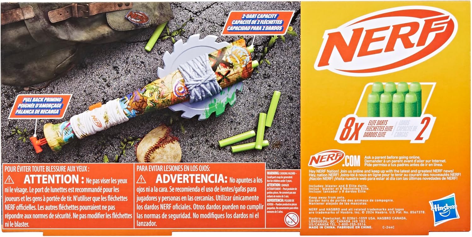 Nerf Zombie Strikeout Dart Blaster, 8 Nerf Elite Darts, Foam Blade, Pull Back Priming, Outdoor Games, Ages 8+