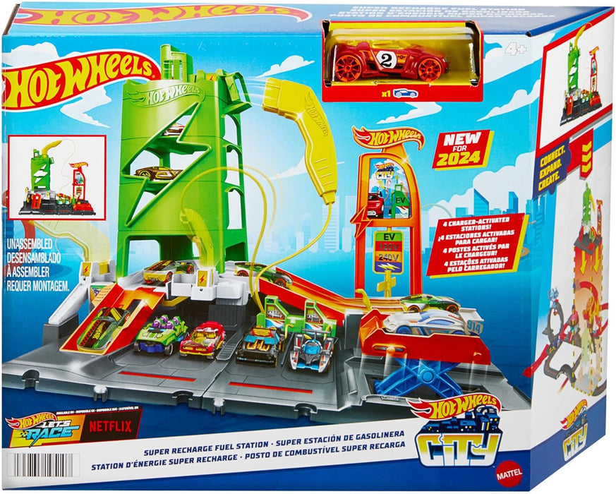 Hot Wheels City Toy Car Track Set, Super Recharge Fuel Station Playset with EV Chargers & 1:64 Scale Toy Vehicle