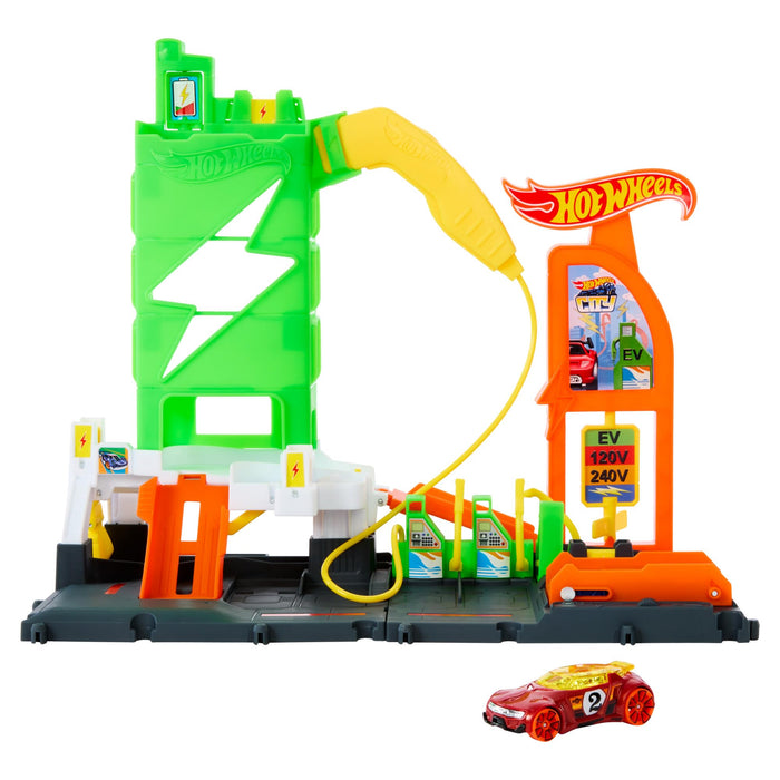 Hot Wheels City Toy Car Track Set, Super Recharge Fuel Station Playset with EV Chargers & 1:64 Scale Toy Vehicle