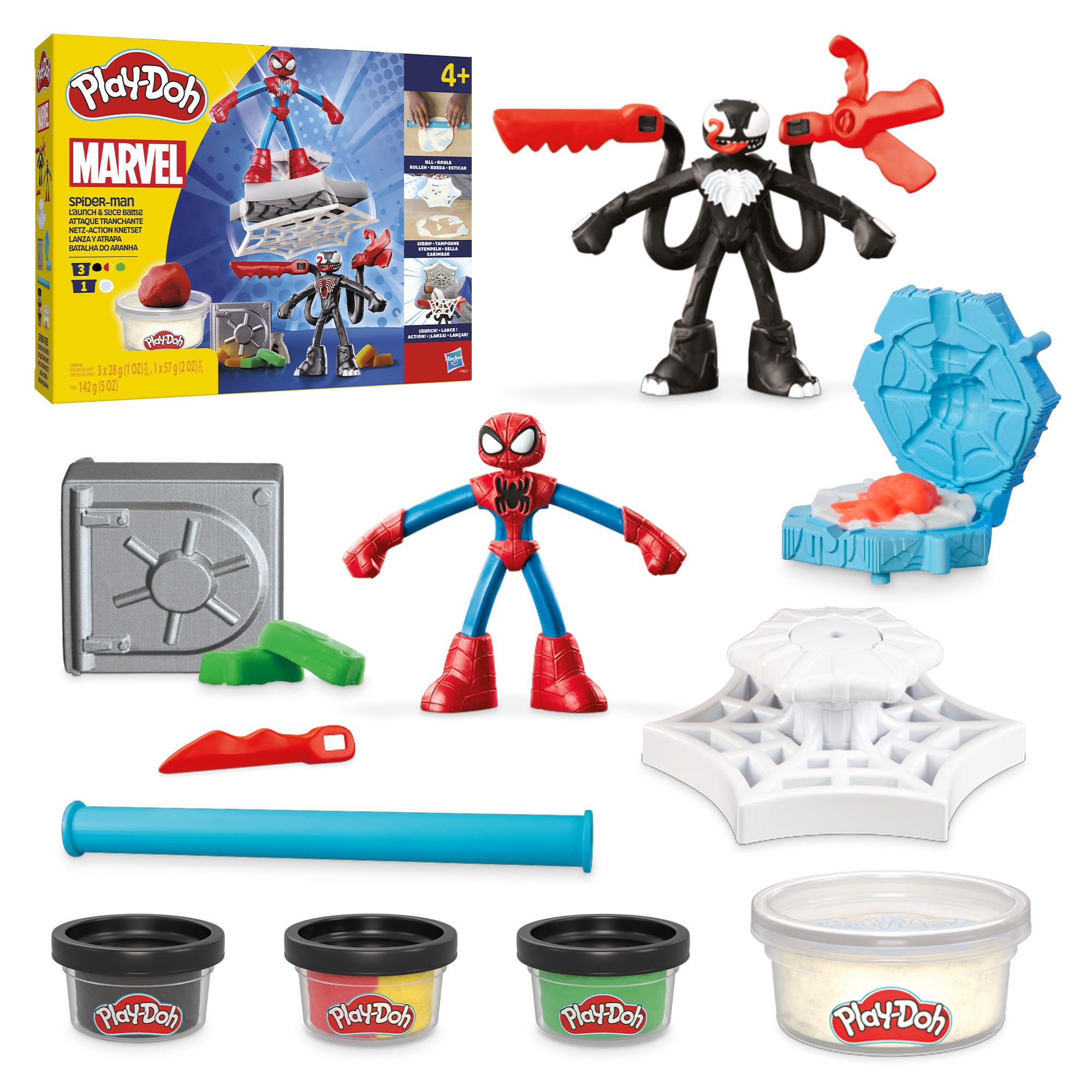 Play-Doh Marvel Spider-Man Netz-Action Set, 2 Spielfiguren und vielen Knetformen, 4 Dosen Knetmasse in passenden Farben, kreatives Kinder ab 3 Jahren