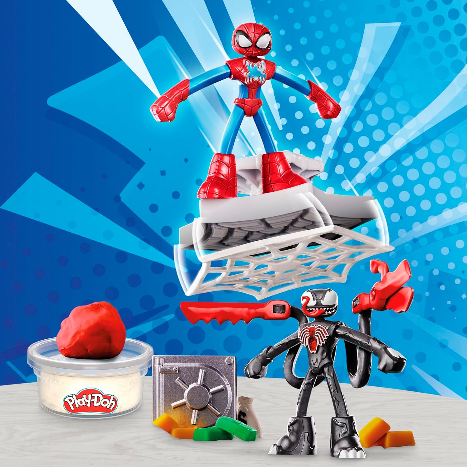 Play-Doh Marvel Spider-Man Netz-Action Set, 2 Spielfiguren und vielen Knetformen, 4 Dosen Knetmasse in passenden Farben, kreatives Kinder ab 3 Jahren