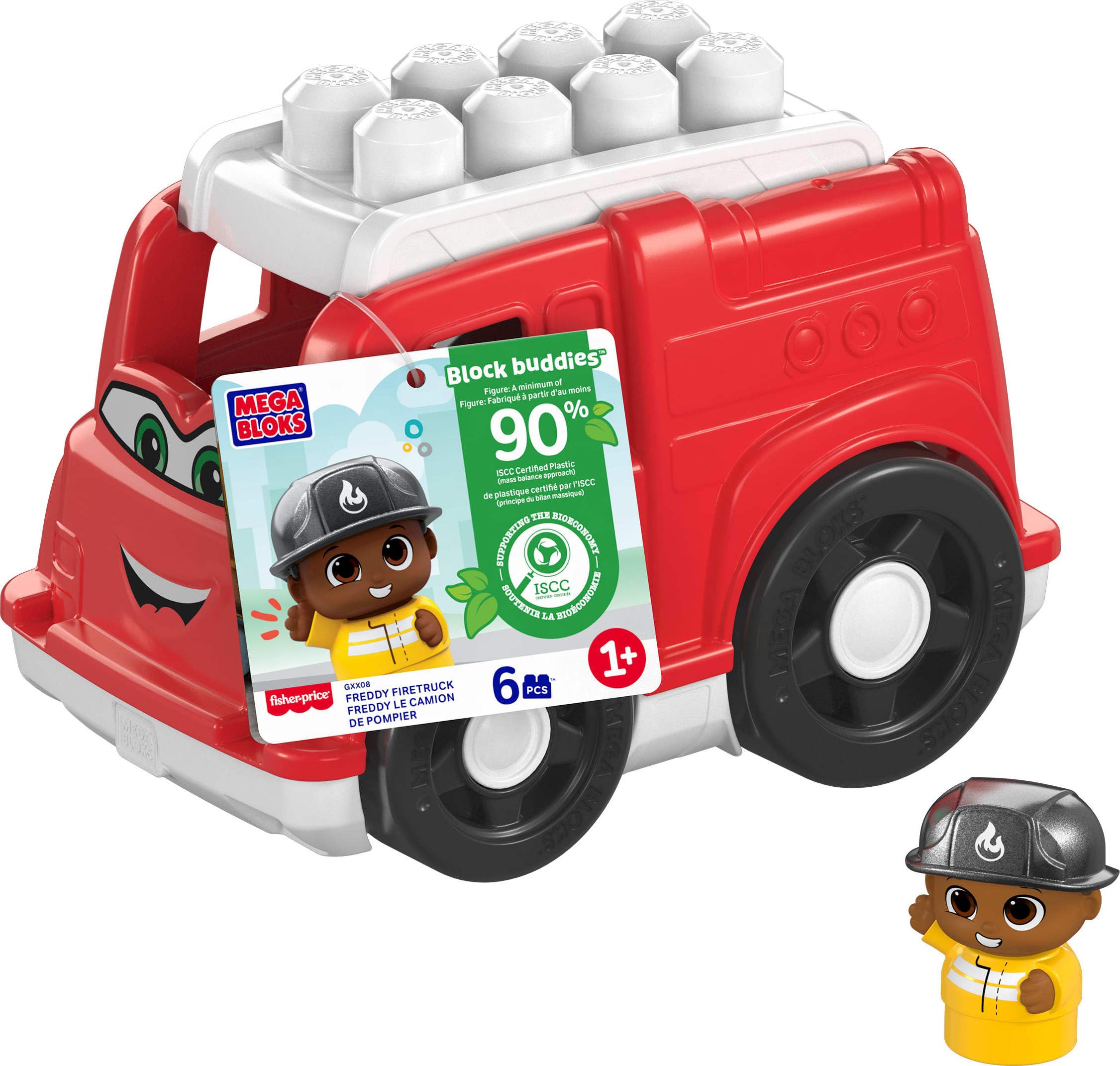 Mega BLOKS First Builders Toddler Building Blocks Toy Set, Freddy Firetruck with 6 Pieces and Storage, 1 Figure, Red, Ages 1+ Years Freddy FIre Truck