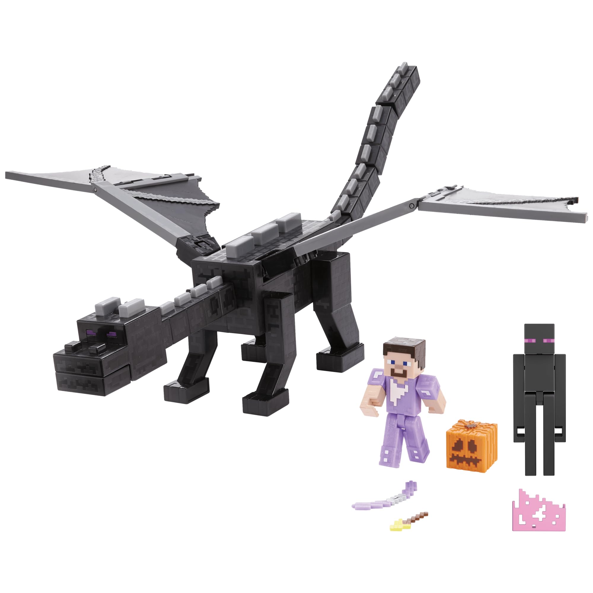 Mattel Minecraft Enderdraak, set actiefiguren, licht, geluid en mist, met Steve en Enderman, figuren op schaal van 8,25 cm HTN25