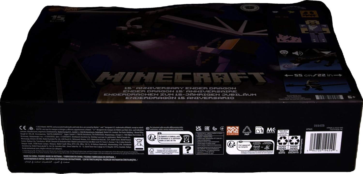 Mattel Minecraft Enderdraak, set actiefiguren, licht, geluid en mist, met Steve en Enderman, figuren op schaal van 8,25 cm HTN25
