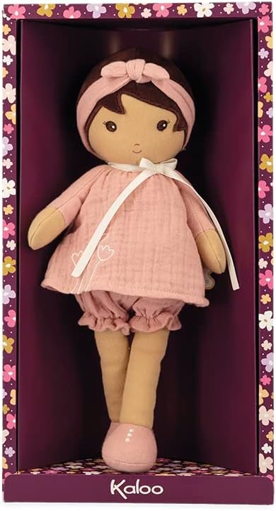 KALOO - Tendresse – My First Amandine Doll – Cloth Doll 32 cm – Pink Chiffon Dress – Matte Skin – Pretty Gift Box and Personalised Ribbon – from Birth