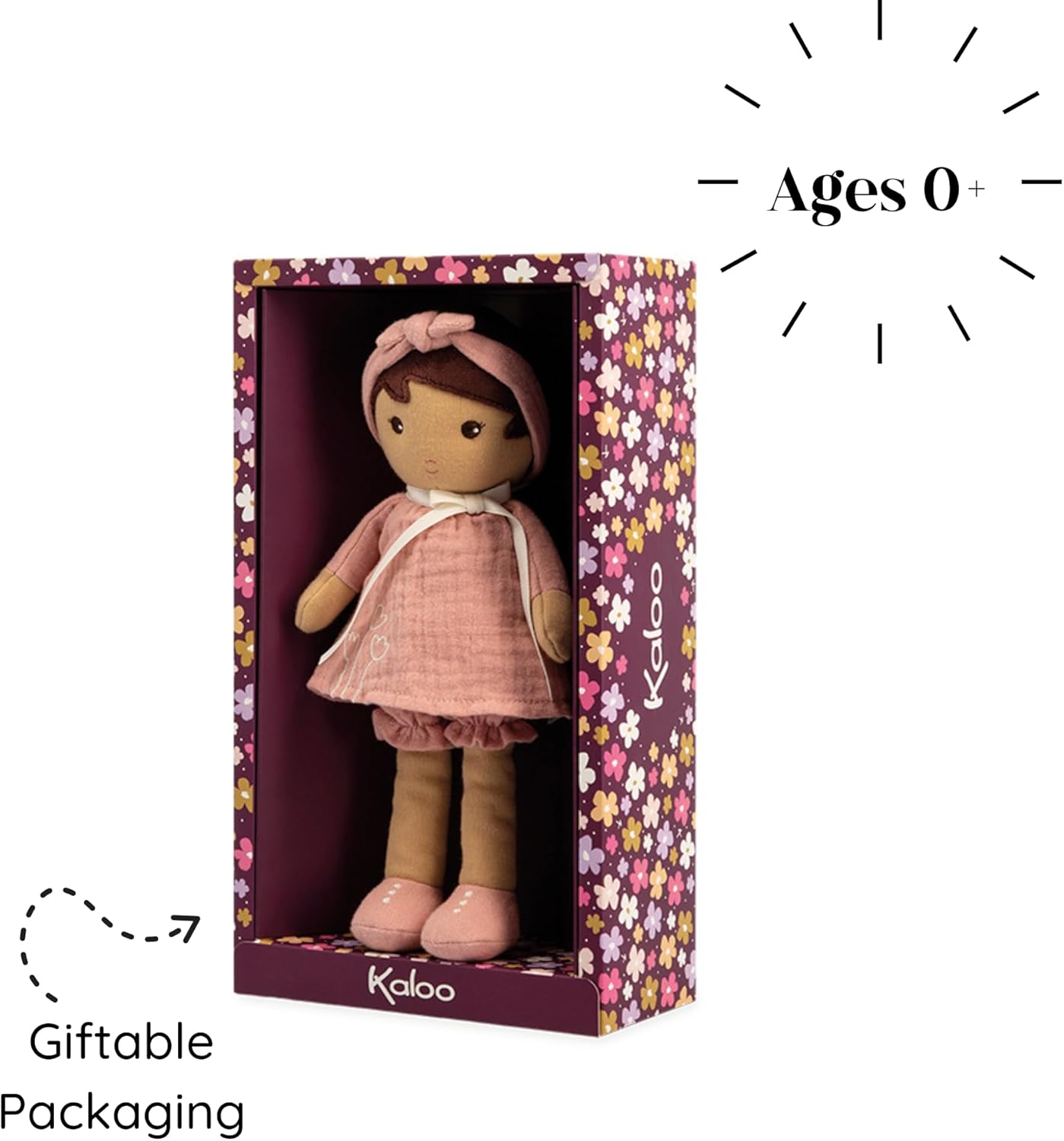 KALOO - Tendresse – My First Amandine Doll – Cloth Doll 32 cm – Pink Chiffon Dress – Matte Skin – Pretty Gift Box and Personalised Ribbon – from Birth