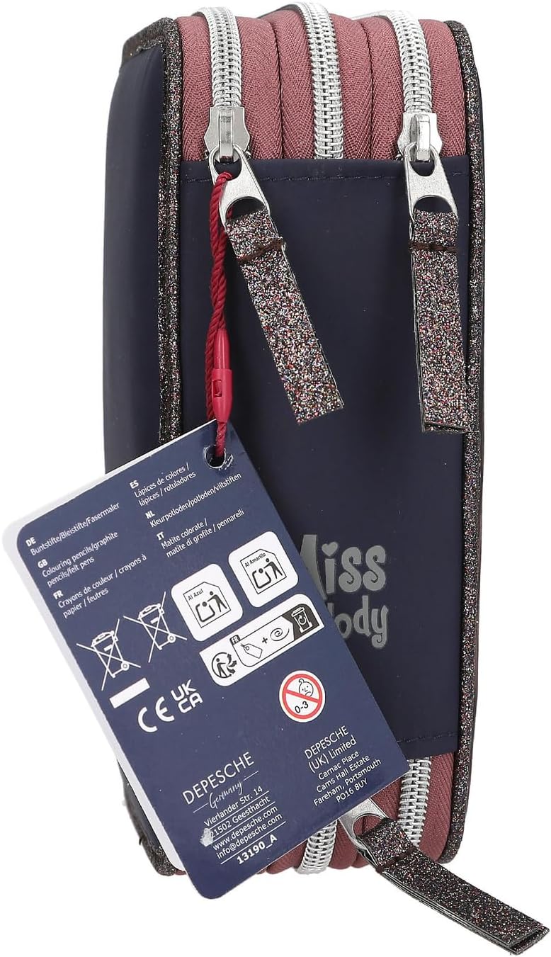 Depesche 13190 Miss Melody Glitter Horse-Filled 3-Compartment Pencil Case in Dark Blue, with Horse Motif, Glitter and LED Lights, Pencil Case with Colouring Pencils, Ruler, Scissors and Much More
