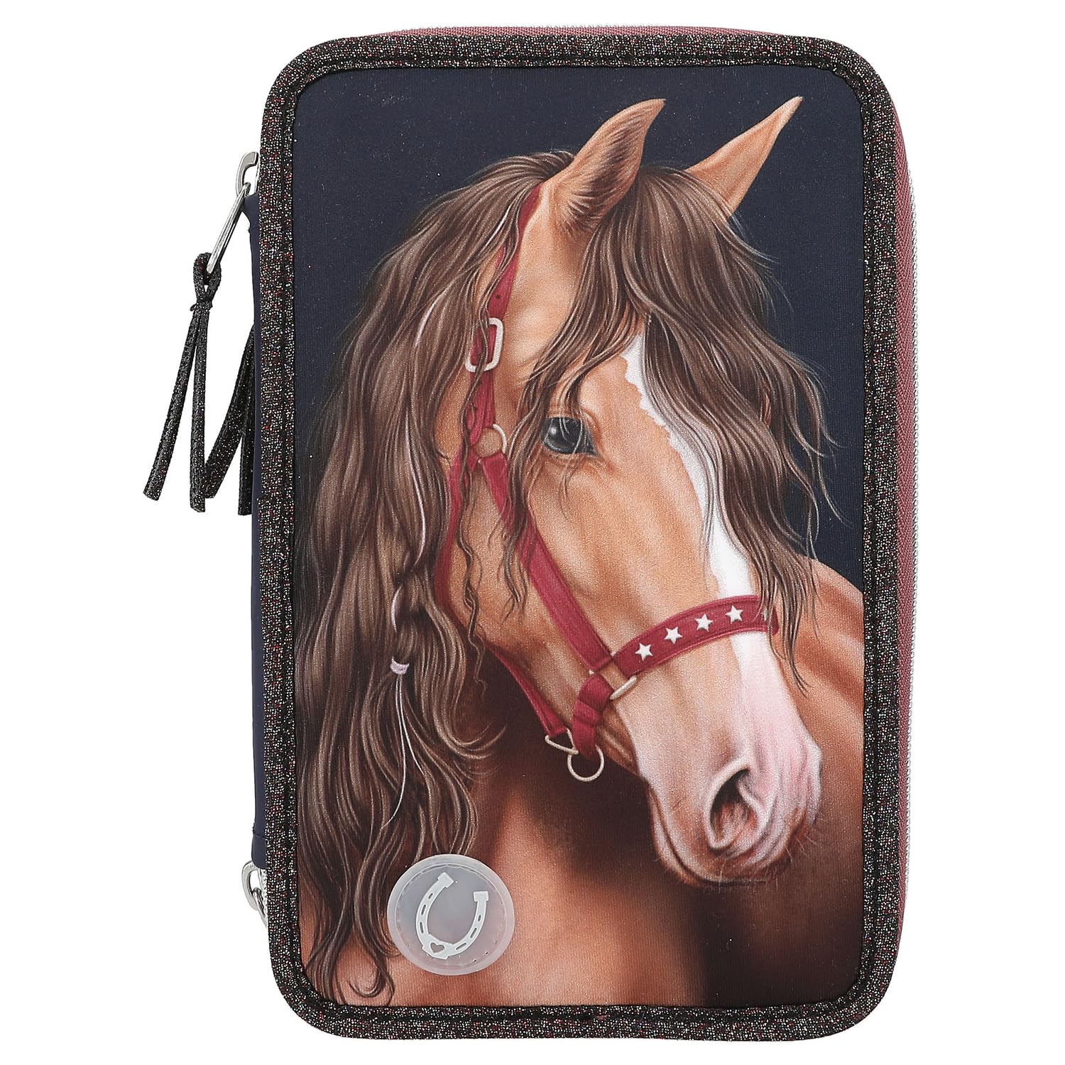 Depesche 13190 Miss Melody Glitter Horse-Filled 3-Compartment Pencil Case in Dark Blue, with Horse Motif, Glitter and LED Lights, Pencil Case with Colouring Pencils, Ruler, Scissors and Much More
