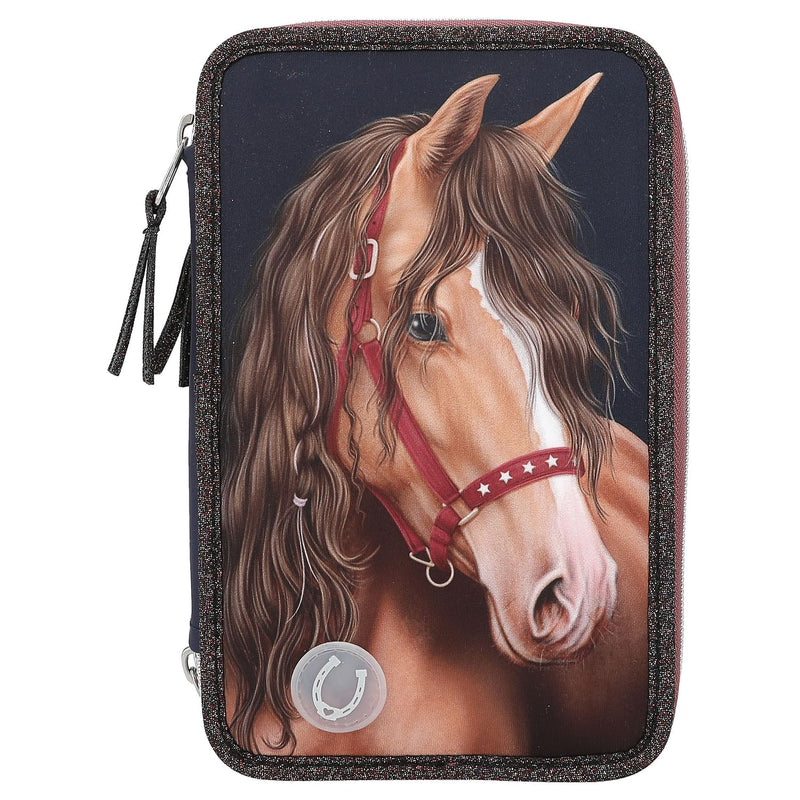 Depesche 13190 Miss Melody Glitter Horse-Filled 3-Compartment Pencil Case in Dark Blue, with Horse Motif, Glitter and LED Lights, Pencil Case with Colouring Pencils, Ruler, Scissors and Much More
