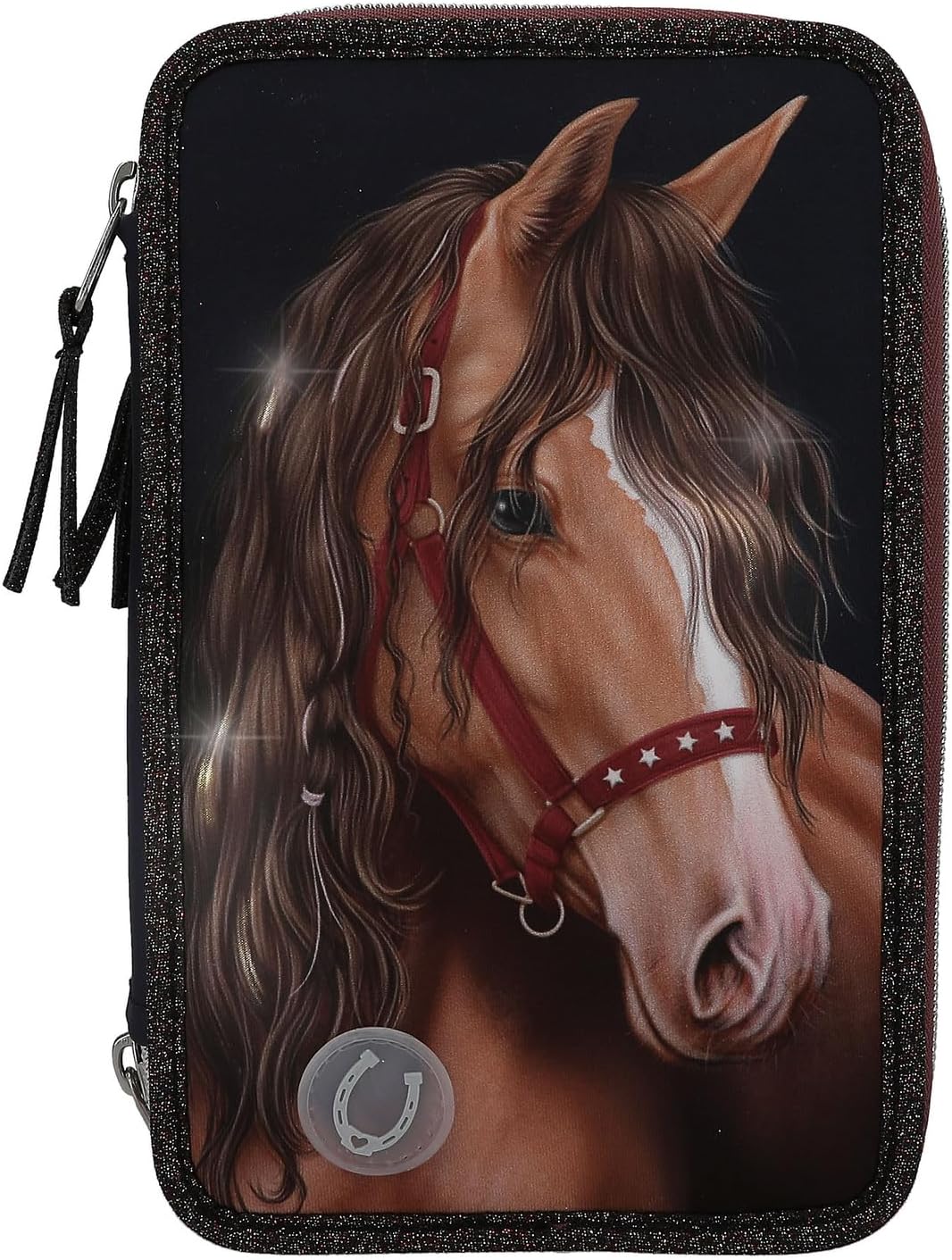 Depesche 13190 Miss Melody Glitter Horse-Filled 3-Compartment Pencil Case in Dark Blue, with Horse Motif, Glitter and LED Lights, Pencil Case with Colouring Pencils, Ruler, Scissors and Much More