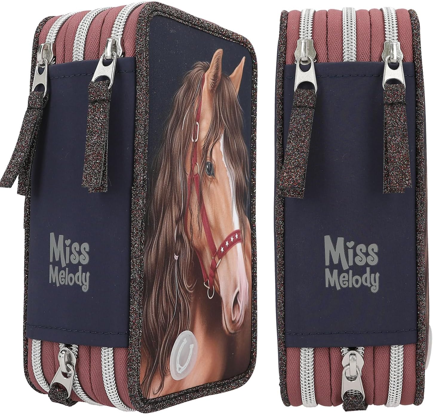 Depesche 13190 Miss Melody Glitter Horse-Filled 3-Compartment Pencil Case in Dark Blue, with Horse Motif, Glitter and LED Lights, Pencil Case with Colouring Pencils, Ruler, Scissors and Much More