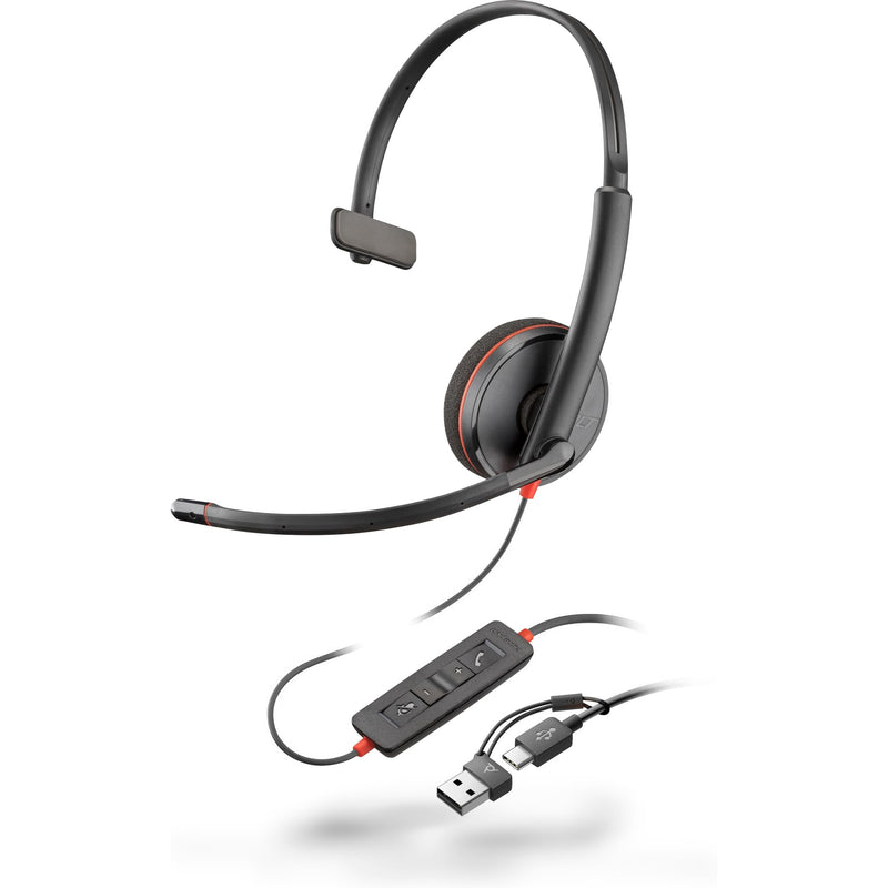 HP POLY Blackwire 3210 Monaural USB-C Black Headset +USB-C/A Adapter (Bulk
