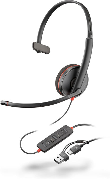 HP POLY Blackwire 3210 Monaural USB-C Black Headset +USB-C/A Adapter (Bulk