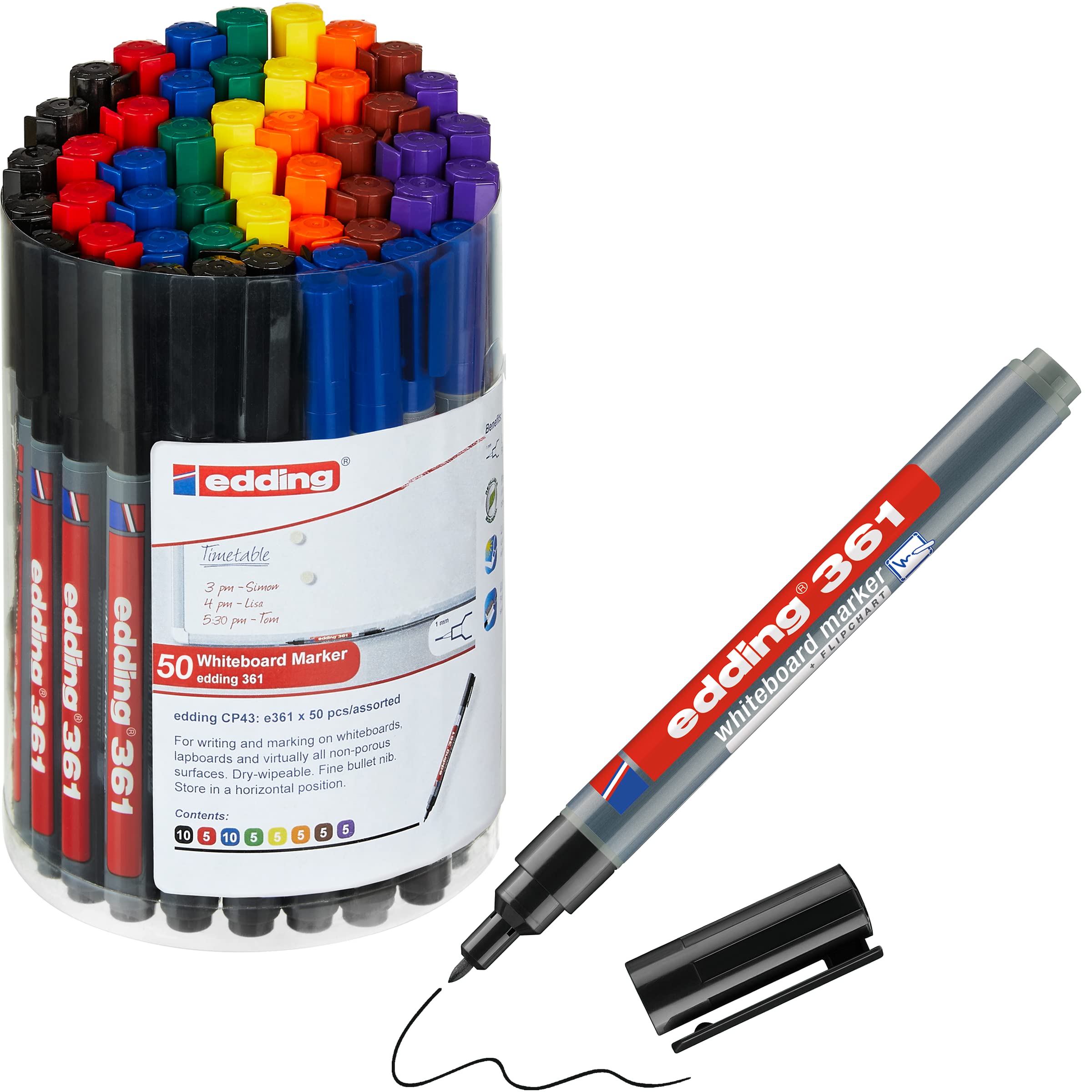 edding 361 whiteboard marker set - multi-coloured - 50 whiteboard pens - round tip 1 mm - whiteboard pen dry wipe - for whiteboards, flipcharts, magnetic, memo boards - sketchnotes - refillable