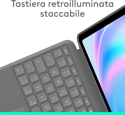 Logitech Combo Touch per iPad Air da 13 pollici (M2/M3)(2024/2025), custodia con tastiera - Tastiera staccabile retroilluminata, digitazione comoda, modalità multiuso, Layout Italiano QWERTY - Grigio