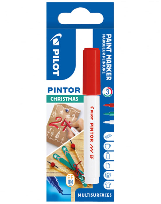 Pilot – Pintor, confezione da 3 pennarelli a base d'acqua, ad asciugatura rapida, tessuto, vetro, legno, pietra, fai da te, punta extra fine, colori speciali Natale, rosso, verde, bianco