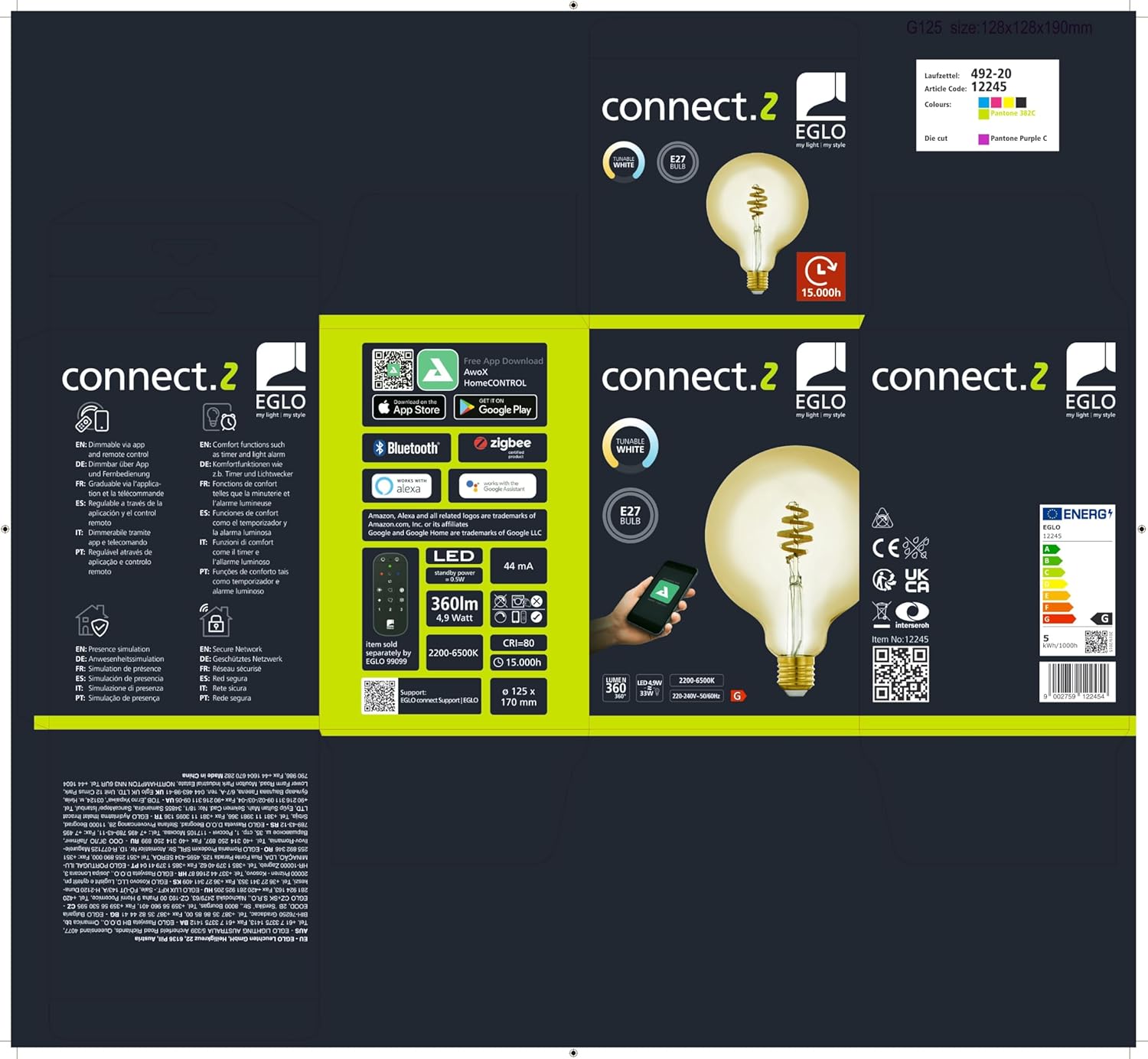 `Eglo - E27 G125 Spiral, Amber - Tw - Zigbee, Bluetooth`