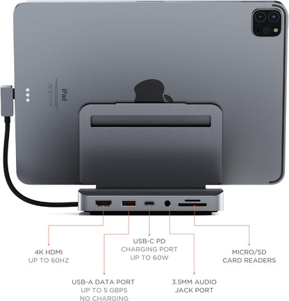 SATECHI Stand & Hub For iPad, USB-C Hub 6-in-1, Foldable Stand - 60W USB-C PD, 4K HDMI, USB-A Data Port, Micro/SD Card Readers, 3.5mm Audio Jack - For M2/ M1 iPad Pro, M1 iPad Air, iPad Mini