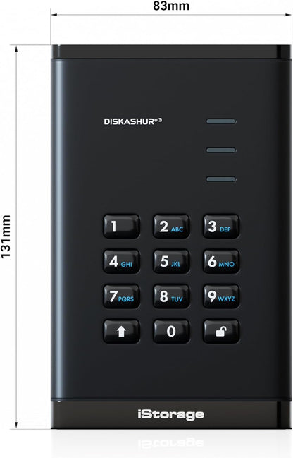 iStorage diskAshur3 HDD 2TB Black - Secure portable hard drive - Password protected - Dust & water resistant - Hardware Encryption 2TB HDD Diamond Black
