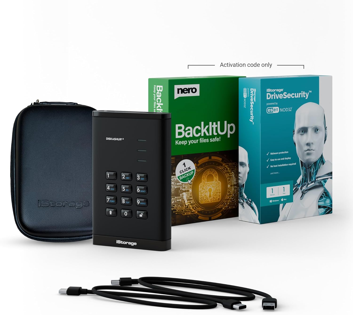 iStorage diskAshur3 HDD 2TB Black - Secure portable hard drive - Password protected - Dust & water resistant - Hardware Encryption 2TB HDD Diamond Black