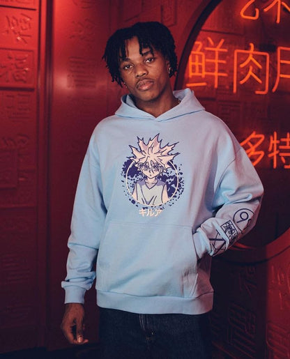 NEPTUN Hunter x Hunter Graphic Hoodie - Killua Zoldyck | Anime Cotton Hoodie with Patches, Unisex, Oversize Fit L Blue