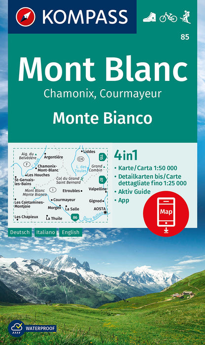 Kompass WK85 Mont Blanc, Chamonix, Courmayeur: Wandelkaart Schaal 1 : 50.000 (Kompass Wanderkarten