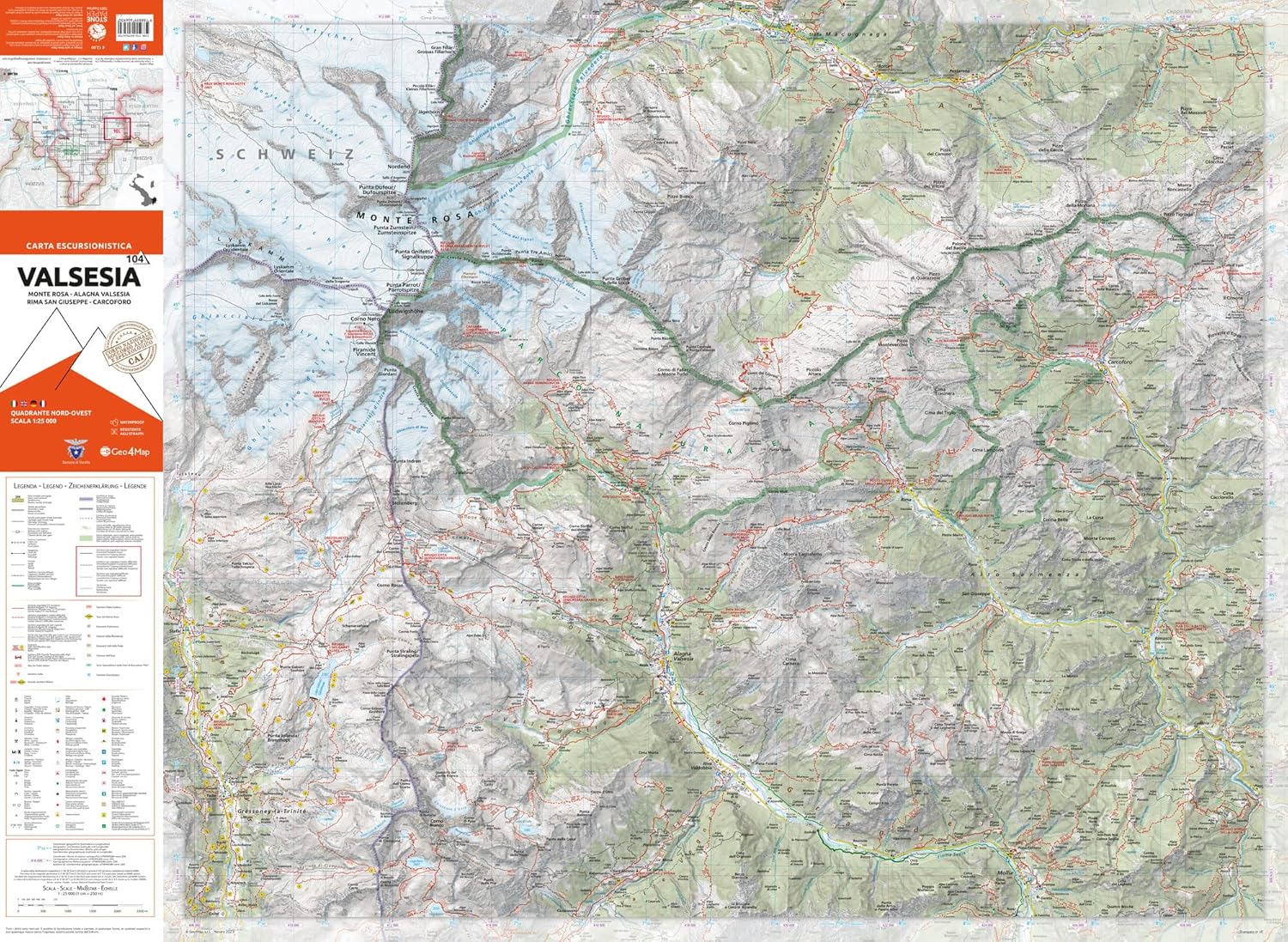 104 Valsesia. Quadrante Nord-Ovest. Monte Rosa, Alagna Valsesia, Rima San Giuseppe, Carcoforo 1:25.000. Ediz. Multilingue