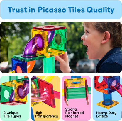 PicassoTiles Murmelbahn 50-teilige Magnetfliesen-Rennbahn Spielzeug-Set, Bauen & Lernen, pädagogische Magnetkonstruktion, Kinder-Gehirn-Entwicklungs-Kit | Jungen Mädchen Alter 3 4 5 6 7 8+ Jahre alt