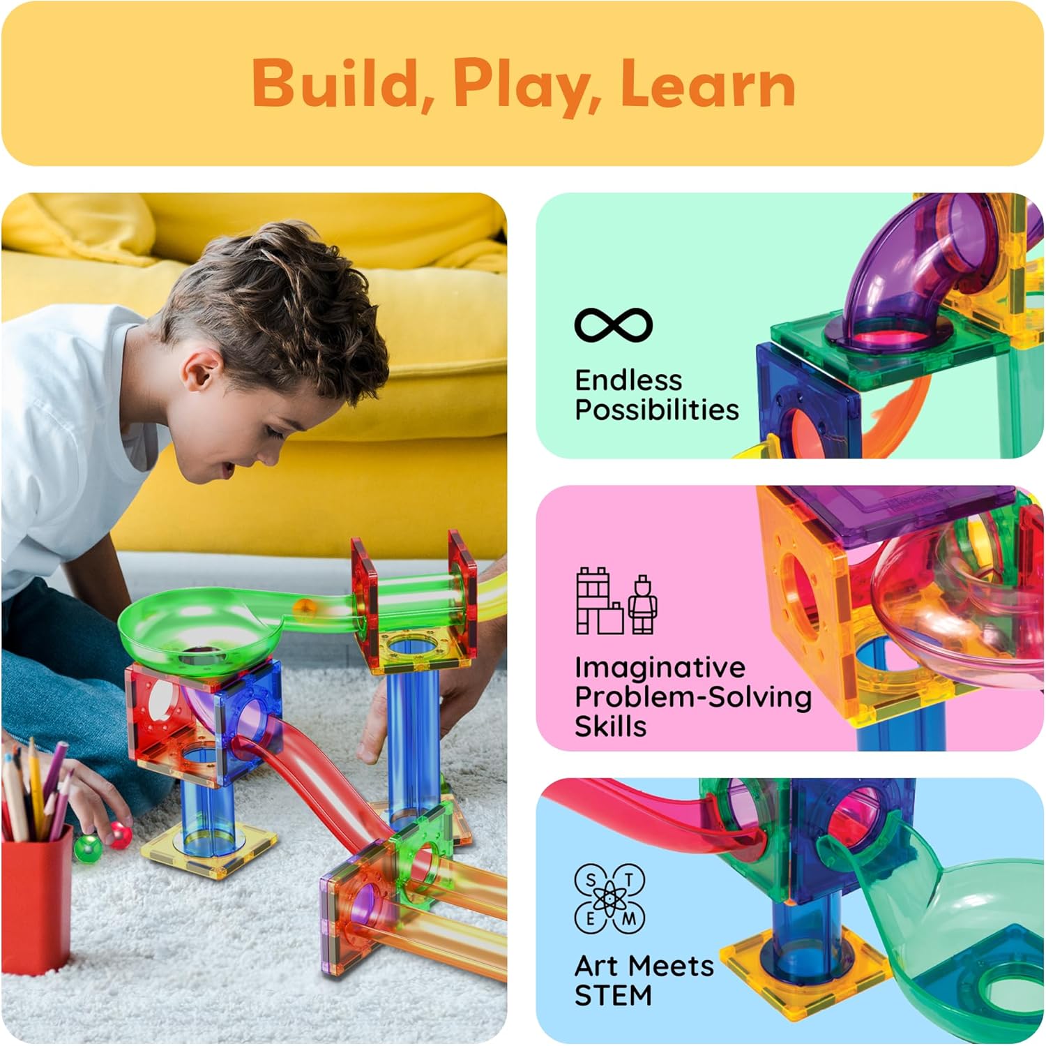 PicassoTiles Murmelbahn 50-teilige Magnetfliesen-Rennbahn Spielzeug-Set, Bauen & Lernen, pädagogische Magnetkonstruktion, Kinder-Gehirn-Entwicklungs-Kit | Jungen Mädchen Alter 3 4 5 6 7 8+ Jahre alt