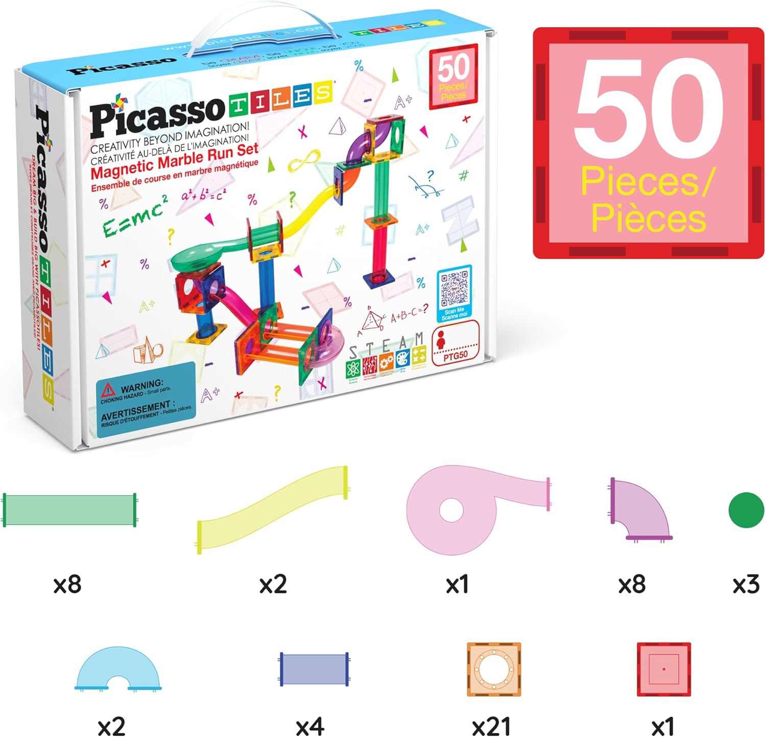 PicassoTiles Murmelbahn 50-teilige Magnetfliesen-Rennbahn Spielzeug-Set, Bauen & Lernen, pädagogische Magnetkonstruktion, Kinder-Gehirn-Entwicklungs-Kit | Jungen Mädchen Alter 3 4 5 6 7 8+ Jahre alt