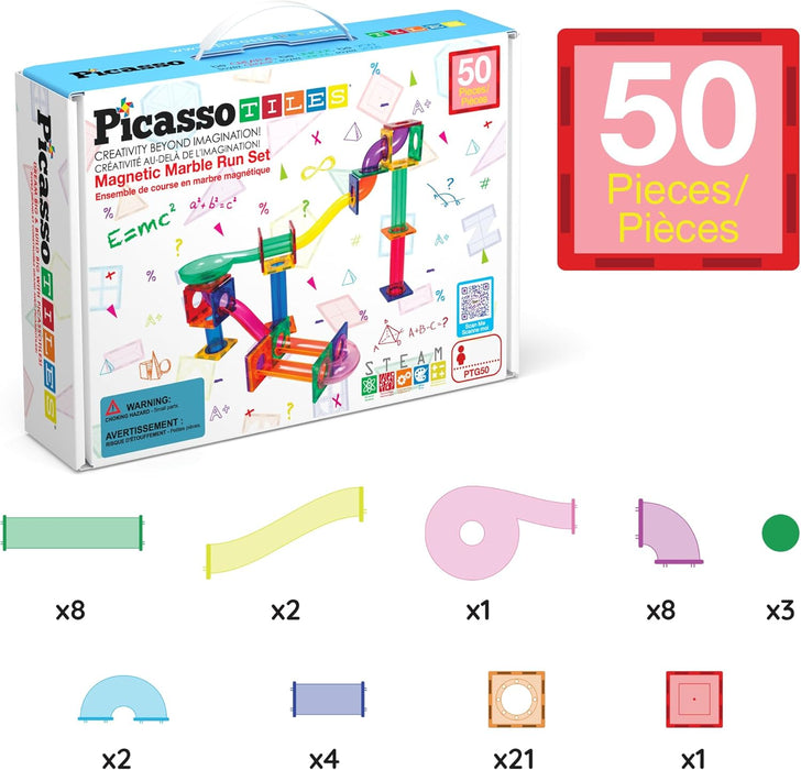PicassoTiles Murmelbahn 50-teilige Magnetfliesen-Rennbahn Spielzeug-Set, Bauen & Lernen, pädagogische Magnetkonstruktion, Kinder-Gehirn-Entwicklungs-Kit | Jungen Mädchen Alter 3 4 5 6 7 8+ Jahre alt