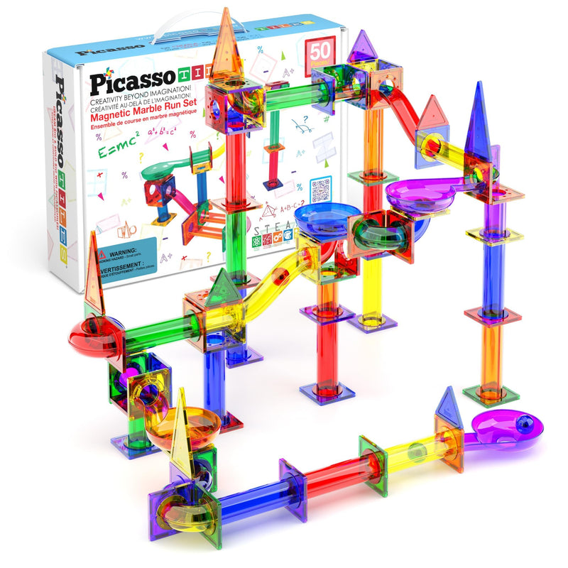 PicassoTiles Murmelbahn 50-teilige Magnetfliesen-Rennbahn Spielzeug-Set, Bauen & Lernen, pädagogische Magnetkonstruktion, Kinder-Gehirn-Entwicklungs-Kit | Jungen Mädchen Alter 3 4 5 6 7 8+ Jahre alt