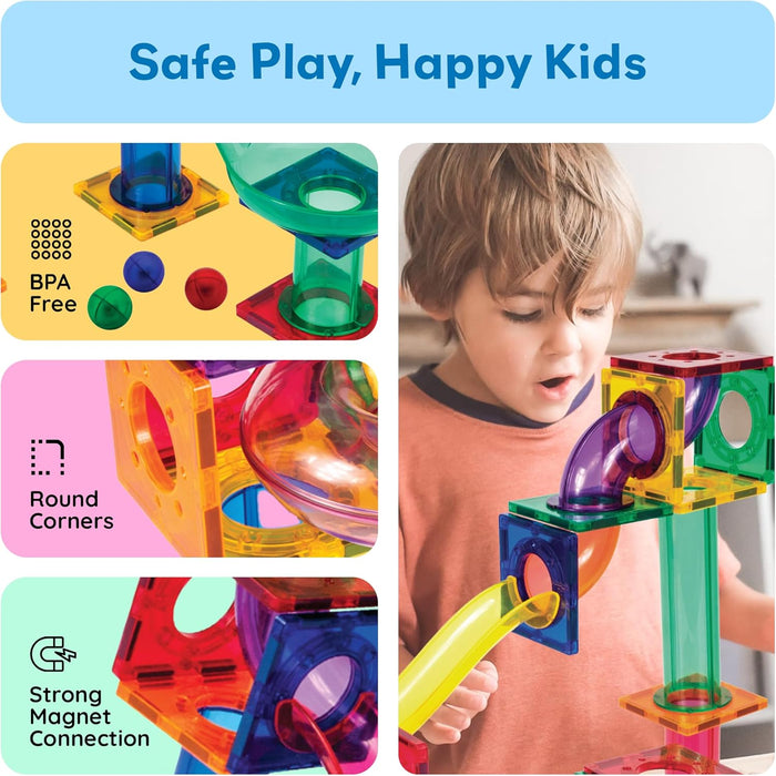 PicassoTiles Murmelbahn 50-teilige Magnetfliesen-Rennbahn Spielzeug-Set, Bauen & Lernen, pädagogische Magnetkonstruktion, Kinder-Gehirn-Entwicklungs-Kit | Jungen Mädchen Alter 3 4 5 6 7 8+ Jahre alt
