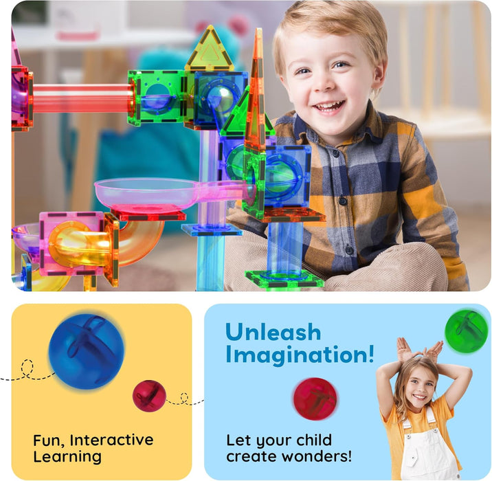 PicassoTiles Murmelbahn 50-teilige Magnetfliesen-Rennbahn Spielzeug-Set, Bauen & Lernen, pädagogische Magnetkonstruktion, Kinder-Gehirn-Entwicklungs-Kit | Jungen Mädchen Alter 3 4 5 6 7 8+ Jahre alt