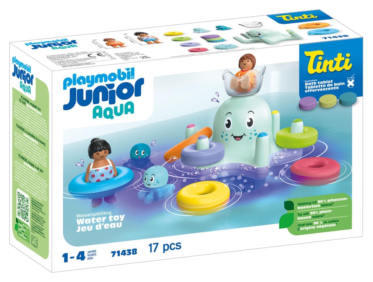 PLAYMOBIL Junior Aqua & Tinti 71438 Colourful Octopus with Four Rings of Colours to Sort and Three Tinti Bath Tablets, Toys for Boys and Girls from 1 Year Old