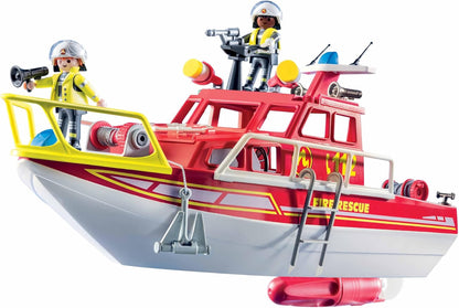 PLAYMOBIL Action Heroes 71598 Feuerlöschboot, Rettungsmission auf dem Wasser, schwimmfähiges Boot mit abnehmbarem Dach und Zubehör, actionreiches Spielzeug für Kinder ab 4 Jahren