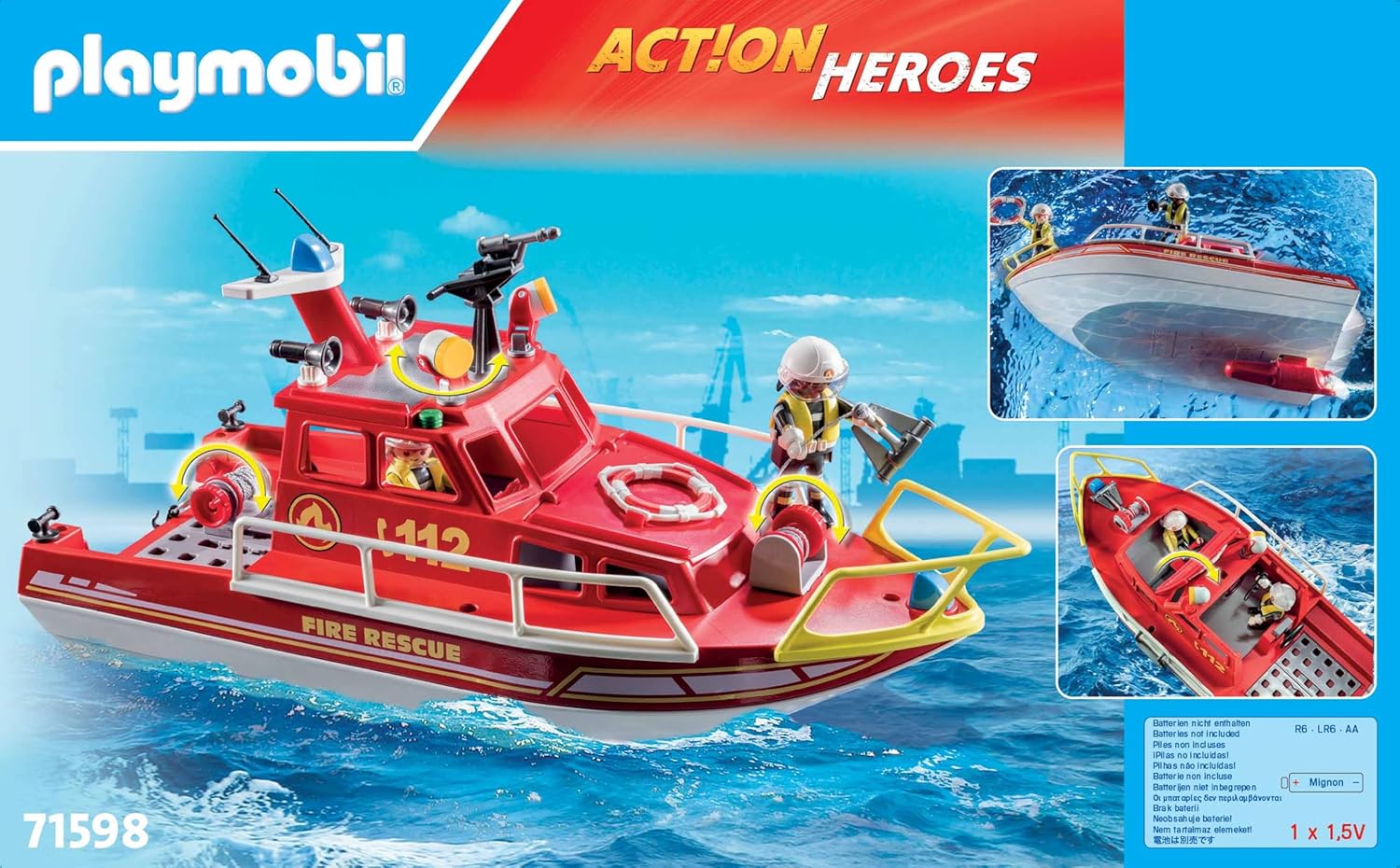 PLAYMOBIL Action Heroes 71598 Feuerlöschboot, Rettungsmission auf dem Wasser, schwimmfähiges Boot mit abnehmbarem Dach und Zubehör, actionreiches Spielzeug für Kinder ab 4 Jahren