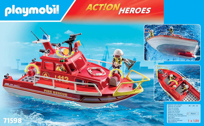 PLAYMOBIL Action Heroes 71598 Feuerlöschboot, Rettungsmission auf dem Wasser, schwimmfähiges Boot mit abnehmbarem Dach und Zubehör, actionreiches Spielzeug für Kinder ab 4 Jahren
