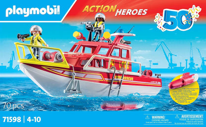 PLAYMOBIL Action Heroes 71598 Feuerlöschboot, Rettungsmission auf dem Wasser, schwimmfähiges Boot mit abnehmbarem Dach und Zubehör, actionreiches Spielzeug für Kinder ab 4 Jahren