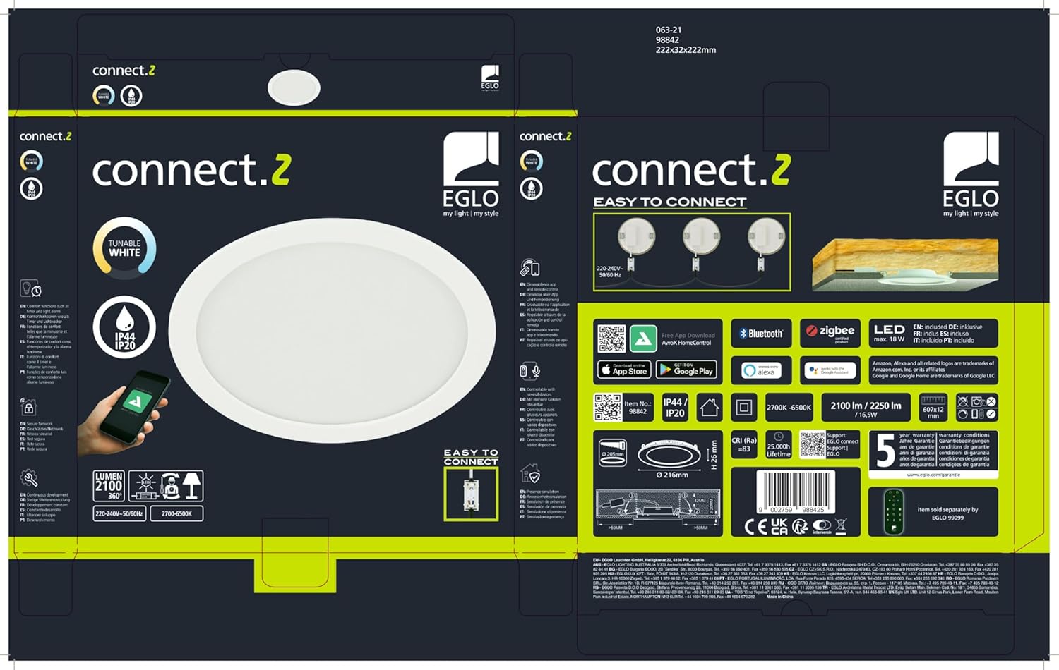 `Eglo - Fueva-Z Recessed Light White ?21.6 - Tw - Zigbee, Bluetooth`