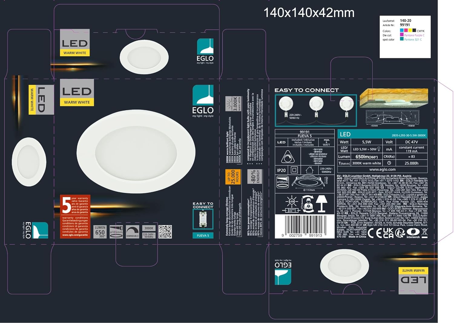 Eglo - Fueva 5 Recessed ?117 5.5W 650Lm Dimmable White - 117 Mm