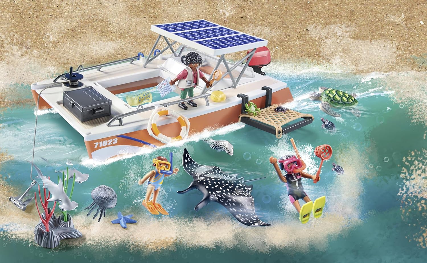 PLAYMOBIL Wiltopia 71623 Korallenriff Plattform, Expedition in Australien, mit zahlreichen Tieren, zu über 80% aus recyceltem und Bio-basiertem Material, kreatives Spielzeug für Kinder ab 4 Jahren