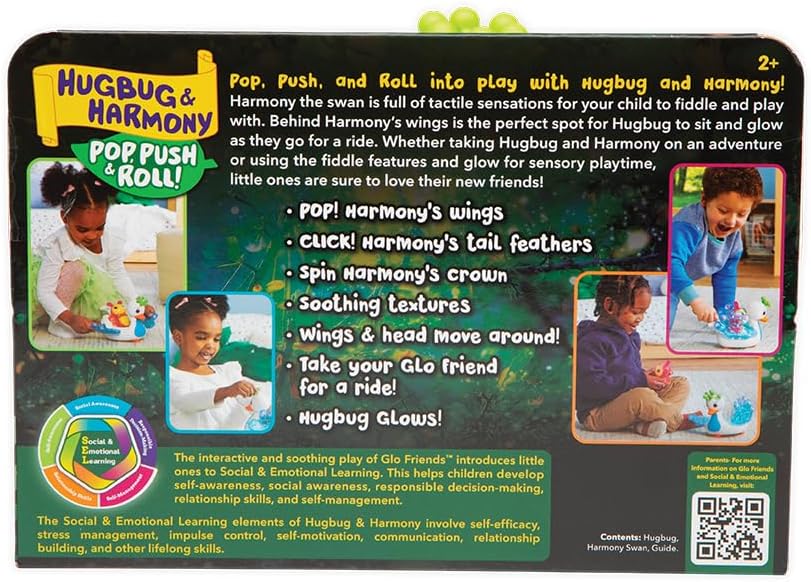 Playskool Glo Friends - Hugbug & Harmony Pop, Push & Roll! - Swan Vehicle - Glowing Bug - SEL Toy - Ages 2+