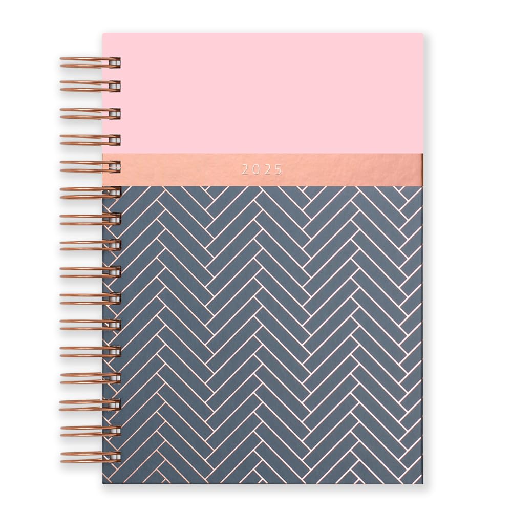 2025 Diary from Matilda Myres | A5 Day to a Page Diary | Rose-Gold Wirobound | January to December Planner | Hardback Covers with Rose Gold Detail | Herringbone Design | Pink Pink 2025
