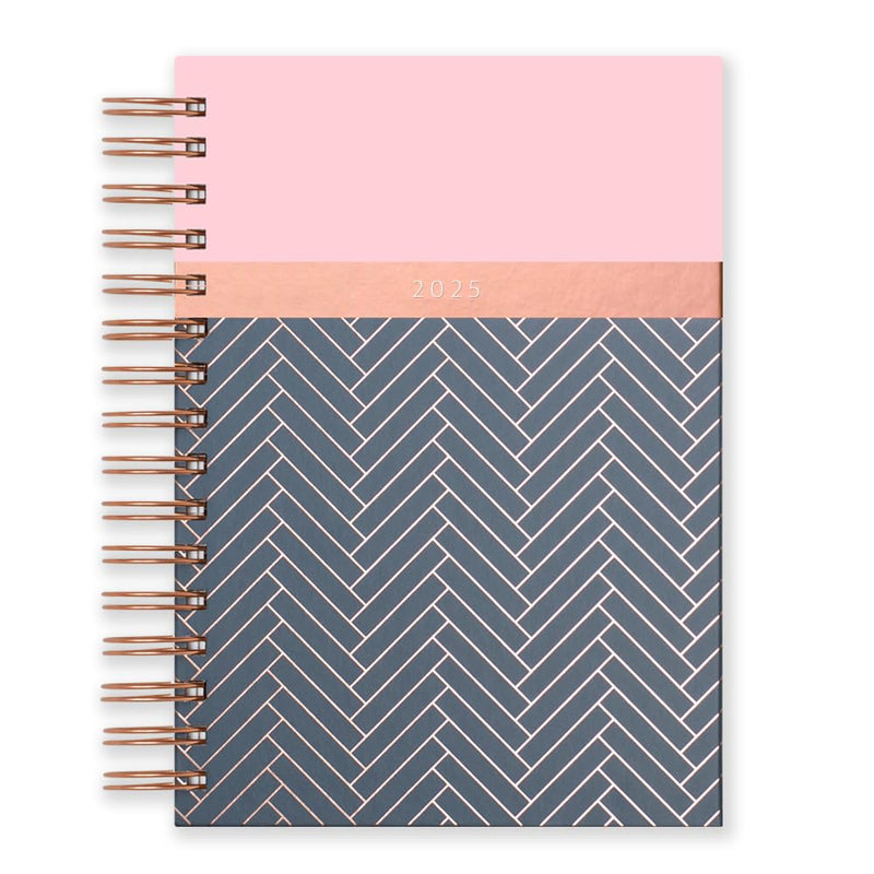 2025 Diary from Matilda Myres | A5 Day to a Page Diary | Rose-Gold Wirobound | January to December Planner | Hardback Covers with Rose Gold Detail | Herringbone Design | Pink Pink 2025