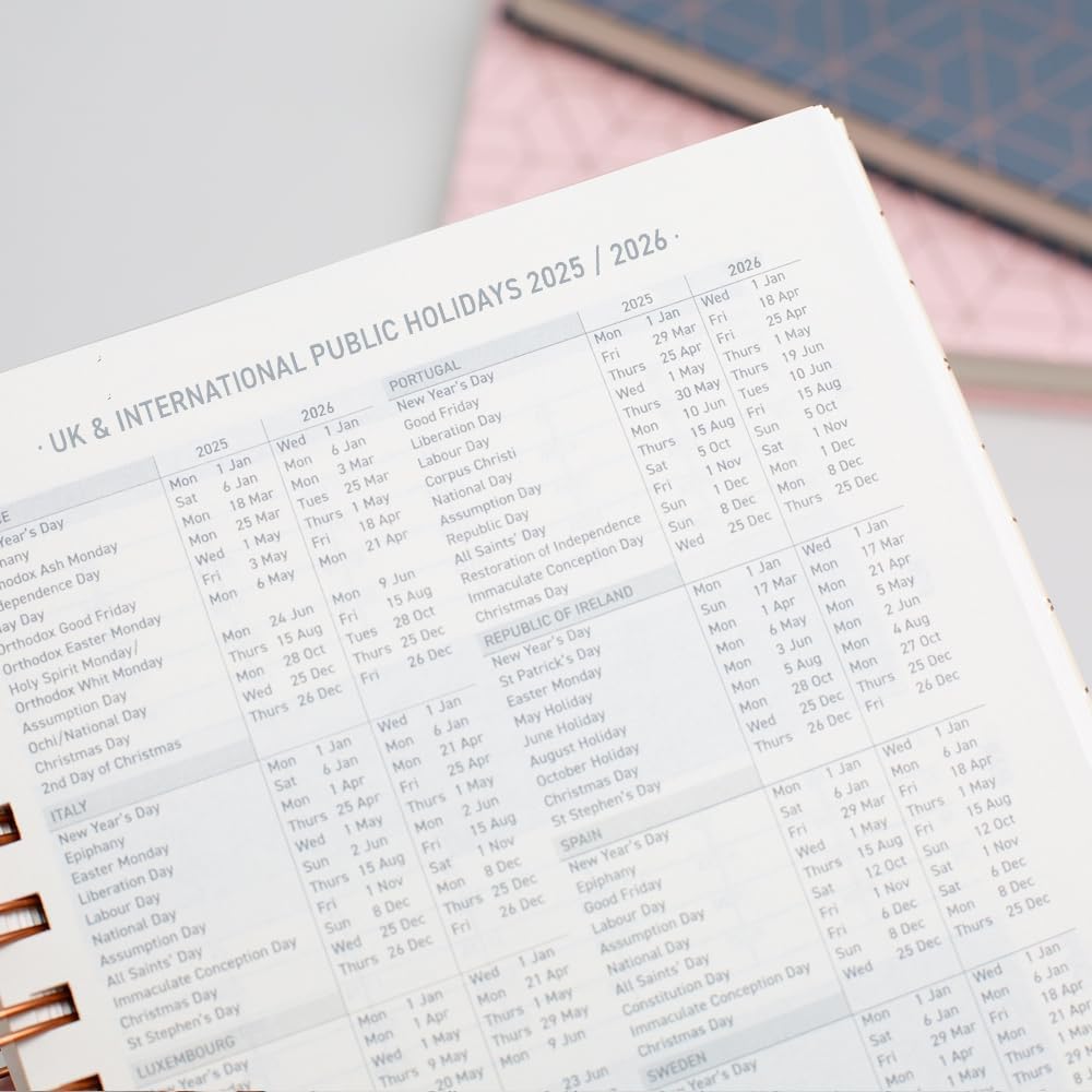 2025 Diary from Matilda Myres | A5 Day to a Page Diary | Rose-Gold Wirobound | January to December Planner | Hardback Covers with Rose Gold Detail | Herringbone Design | Pink Pink 2025