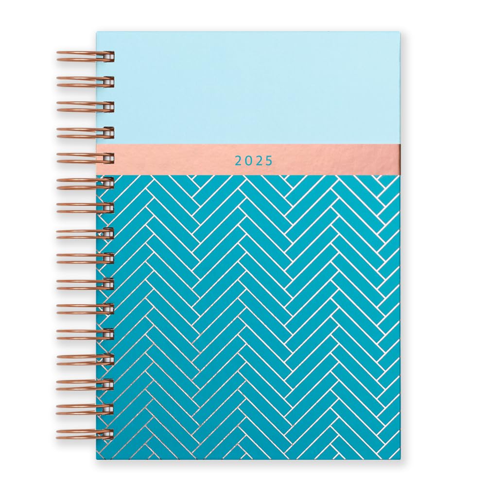 Matilda Myres 2025 Diary | Day a Page A5 Diary | Rose Gold Wirobound | January to December Planner | Hardback Covers with Rose Gold Detail | Herringbone Design | Teal Teal 2025