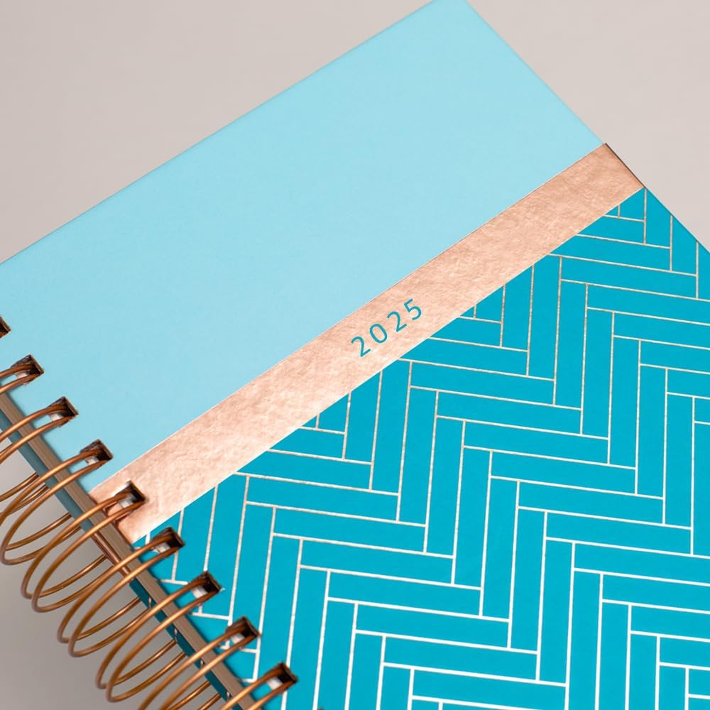 Matilda Myres 2025 Diary | Day a Page A5 Diary | Rose Gold Wirobound | January to December Planner | Hardback Covers with Rose Gold Detail | Herringbone Design | Teal Teal 2025